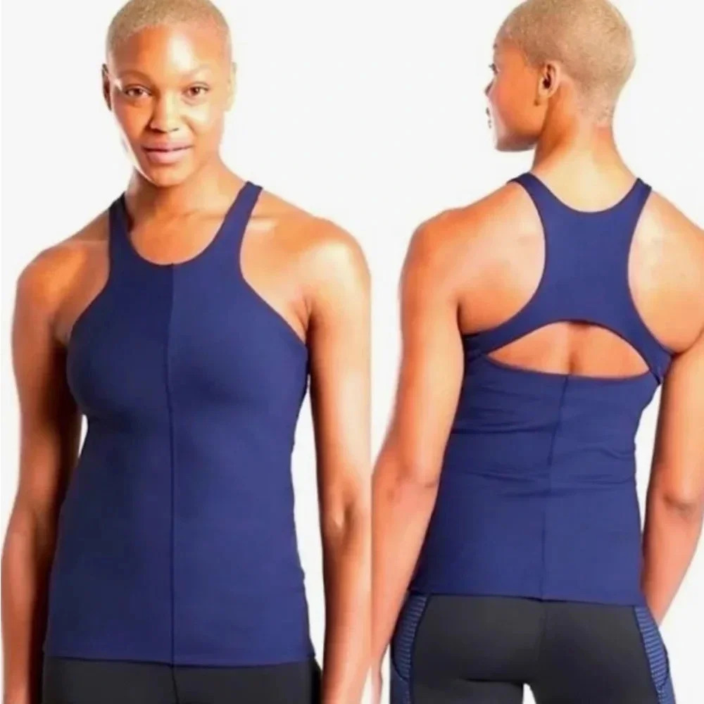 Athleta high neck navy tank top with‎ cut out size XS. Blue With Padding B0053